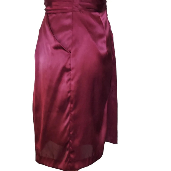 David's Bridal Burgundy Satiny Strapless Dress Ruched Waist and Pockets - Picture 5 of 16
